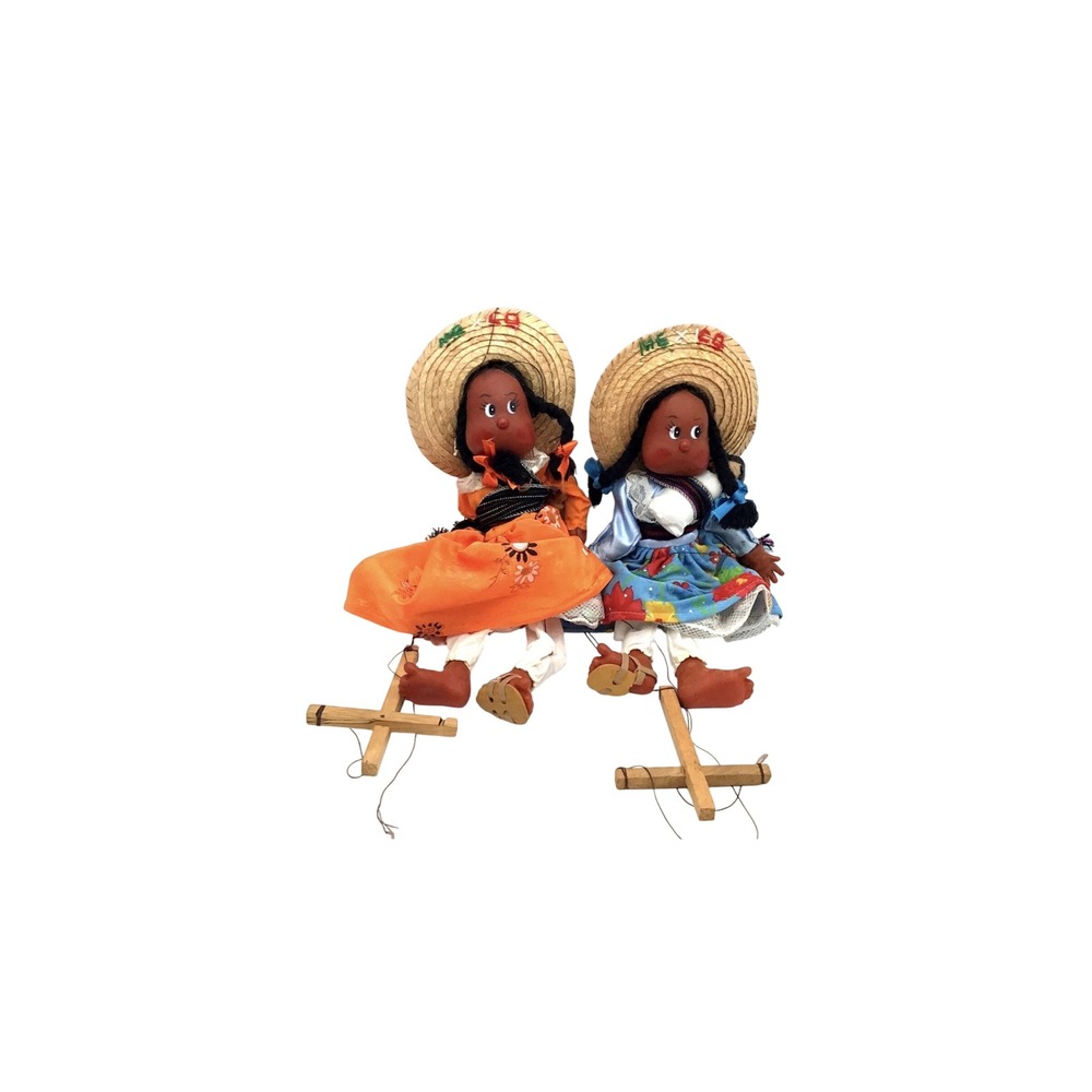 Vintage Mexican Folk Art String Marionette Dolls Pair Festive Straw Hats